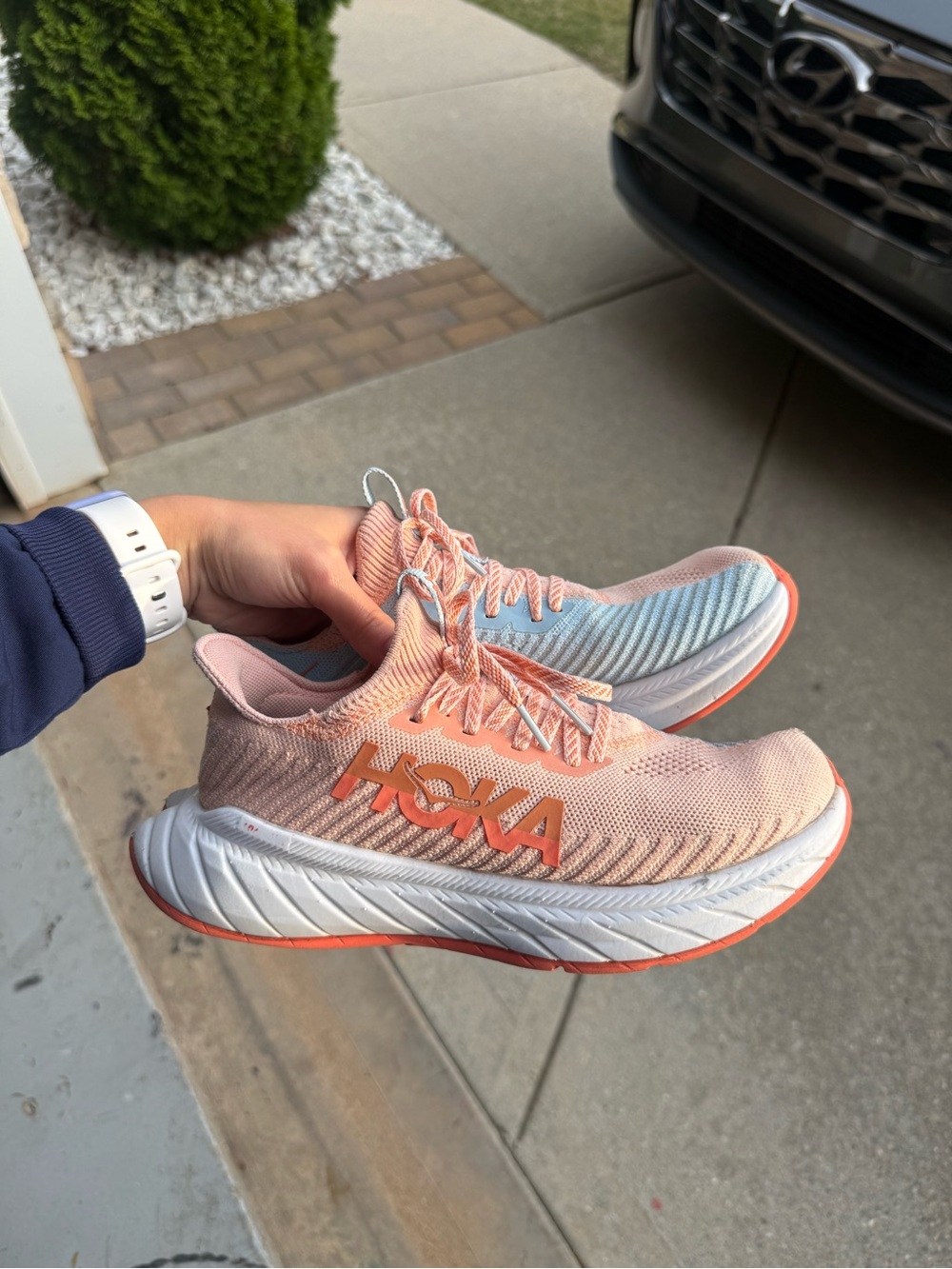 Hoka Coral and Light Blue Knit Running Shoes
